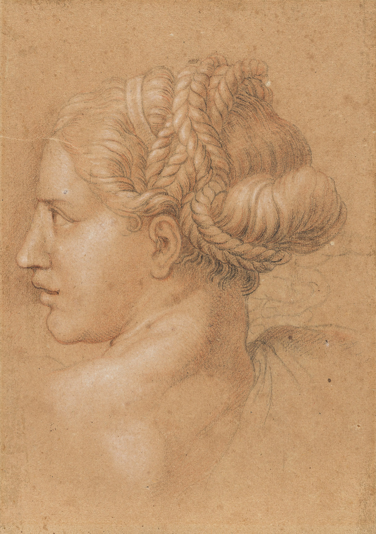 RAFFAELLO SANZIO DA URBINO (FOLLOWER OF) (Urbino 1483-1520 Rome) Study of a Female Head in Profile Looking Left.